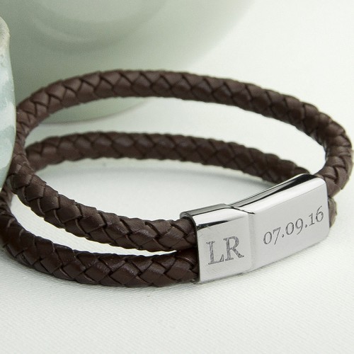 Engraved Mens Brown Leather Bracelet